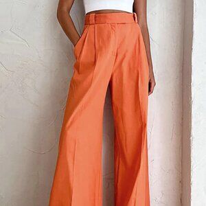 Commense Womens Vitamin C Linen Cotton High Rise Pleated Wide Leg Trousers